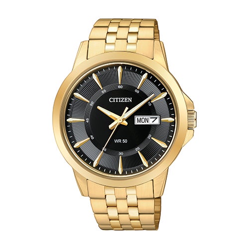 Mens Quartz Gold-Tone Stainless Steel Watch Black Dial_0
