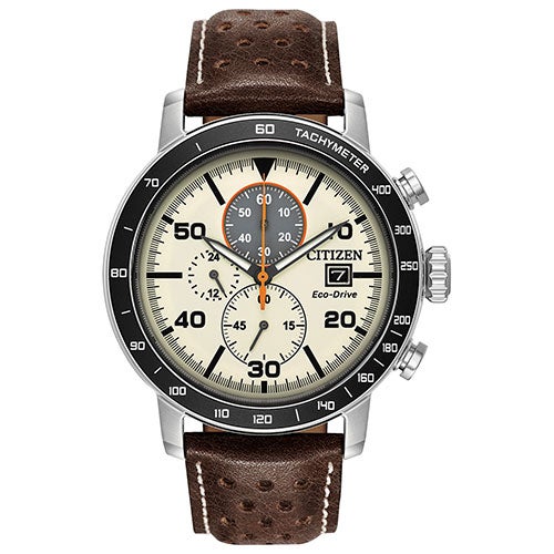 Mens Brycen Eco-Drive Multi-Dial Brown Leather Watch Ivory_0