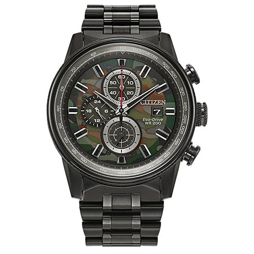 Mens Nighthawk Eco-Drive Black Ion-Plated Chronograph Watch Camouflage Dial_0