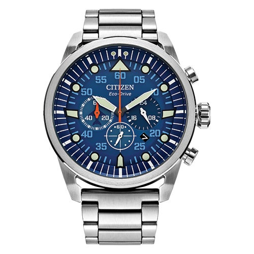 Men's Avion Sport Eco-Drive Silver-Tone Chronograph SS Watch, Blue Dial_0