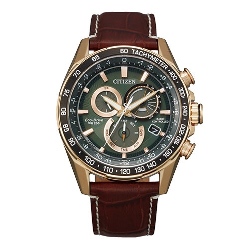 Men's PCAT Atomic Eco-Drive Brown Leather Strap Watch, Green Dial_0