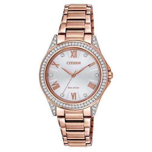 Ladies POV Eco-Drive Crysal Pink Gold-Tone Stainless Steel Watch Silver Dial_0
