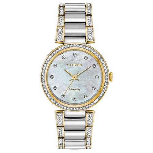 Ladies Silhouette Crystal Eco-Drive 2-Tone Watch Mother-of-Pearl Dial_0