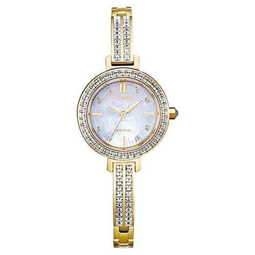 Ladies Silhouette Crystal Eco-Drive Gold-Tone Watch Mother-of-Pearl Dial_0