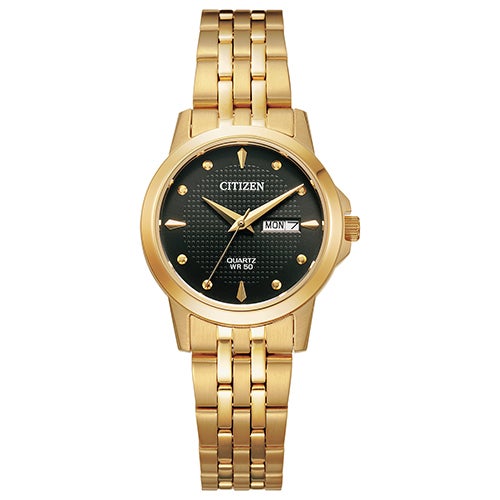 Ladies Quartz Gold-Tone Stainless Steel Watch Black Dial_0