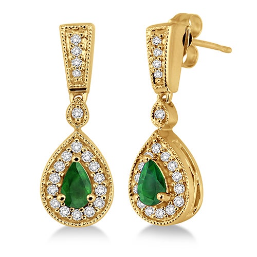Emerald/Diamond 14k Yellow Gold Teardrop Earrings_0