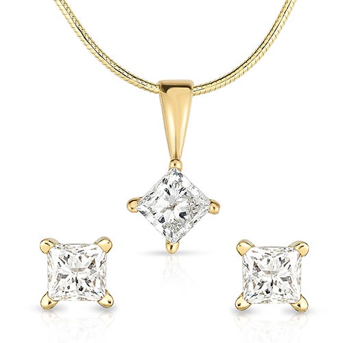 Princess Cut .50twt Diamond Earrings & 14K Gold Necklace Set_0