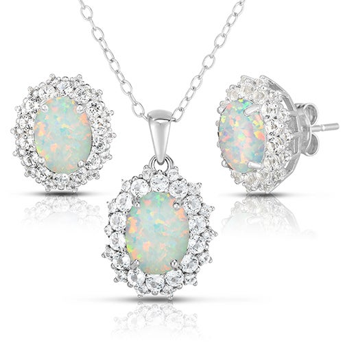 Oval Opal & White Topaz Earrings & Necklace Set_0