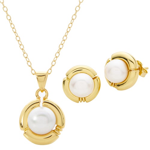 Pearl Earring & Necklace Set w/ Yellow Gold_0