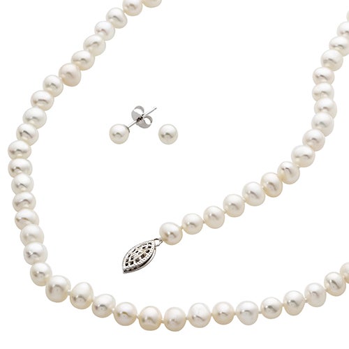 White Freshwater Pearl Bracelet Necklace & Earrings_0