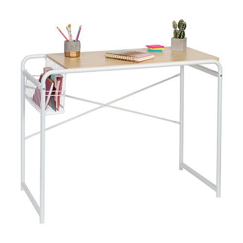Home Office Computer Desk w/ Side Basket White_0