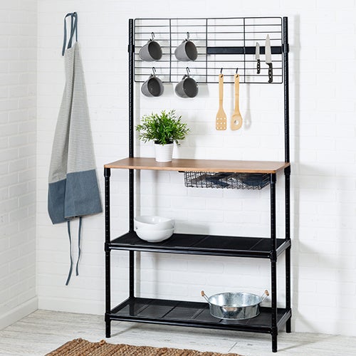 65" Bakers Rack w/ Cutting Board and Hanging Storage Black_0