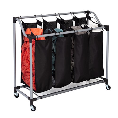 Rolling Deluxe 4-Compartment Laundry Sorter, Black/Silver_0