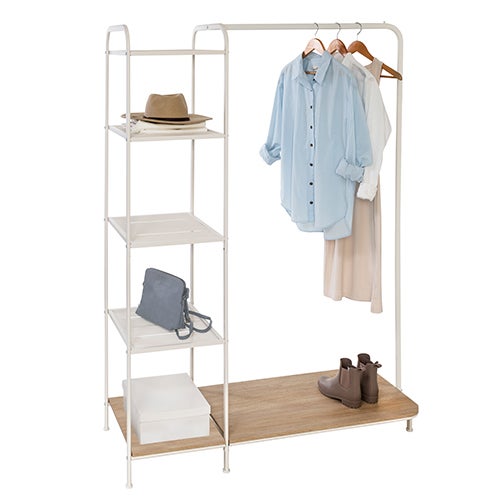 Freestanding Metal Clothing Rack w/ 4 Shelves, White/Ash_0