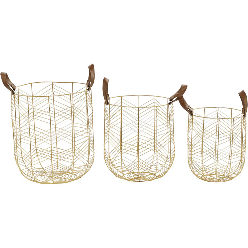 Ivy Collection Set of 3 Gold Metal Glam Storage Baskets with Handles_0